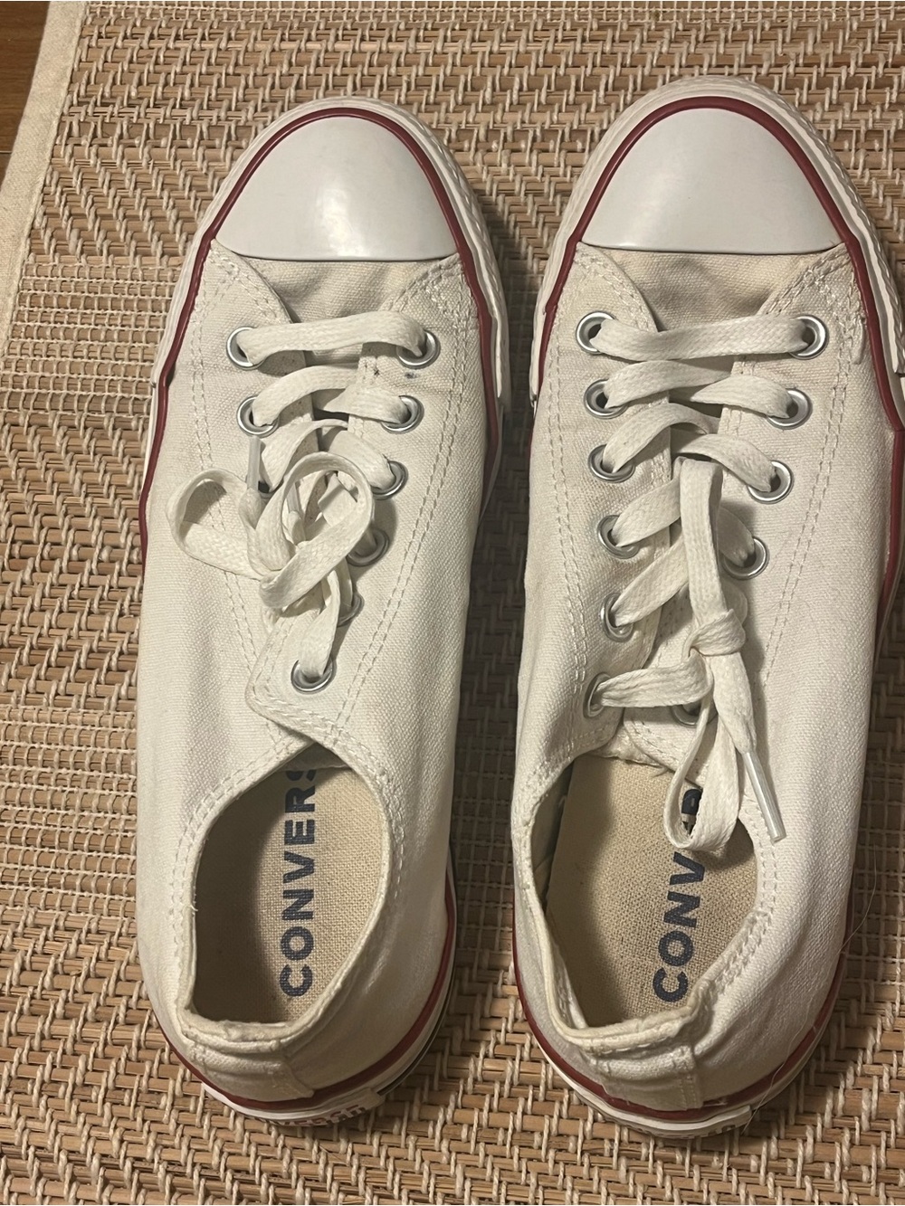 Converse Women’s Low-Top Canvas Sneakers in White with Red Trim